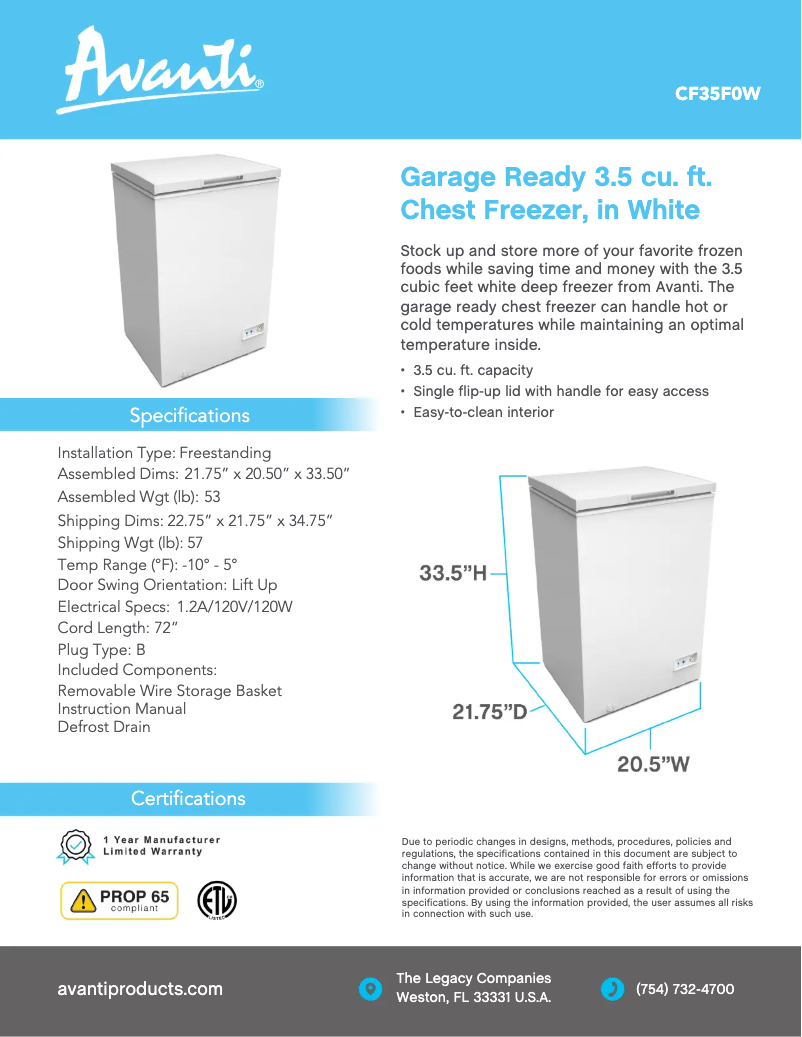 Page 1 de la notice Fiche technique Avanti CF35F0W