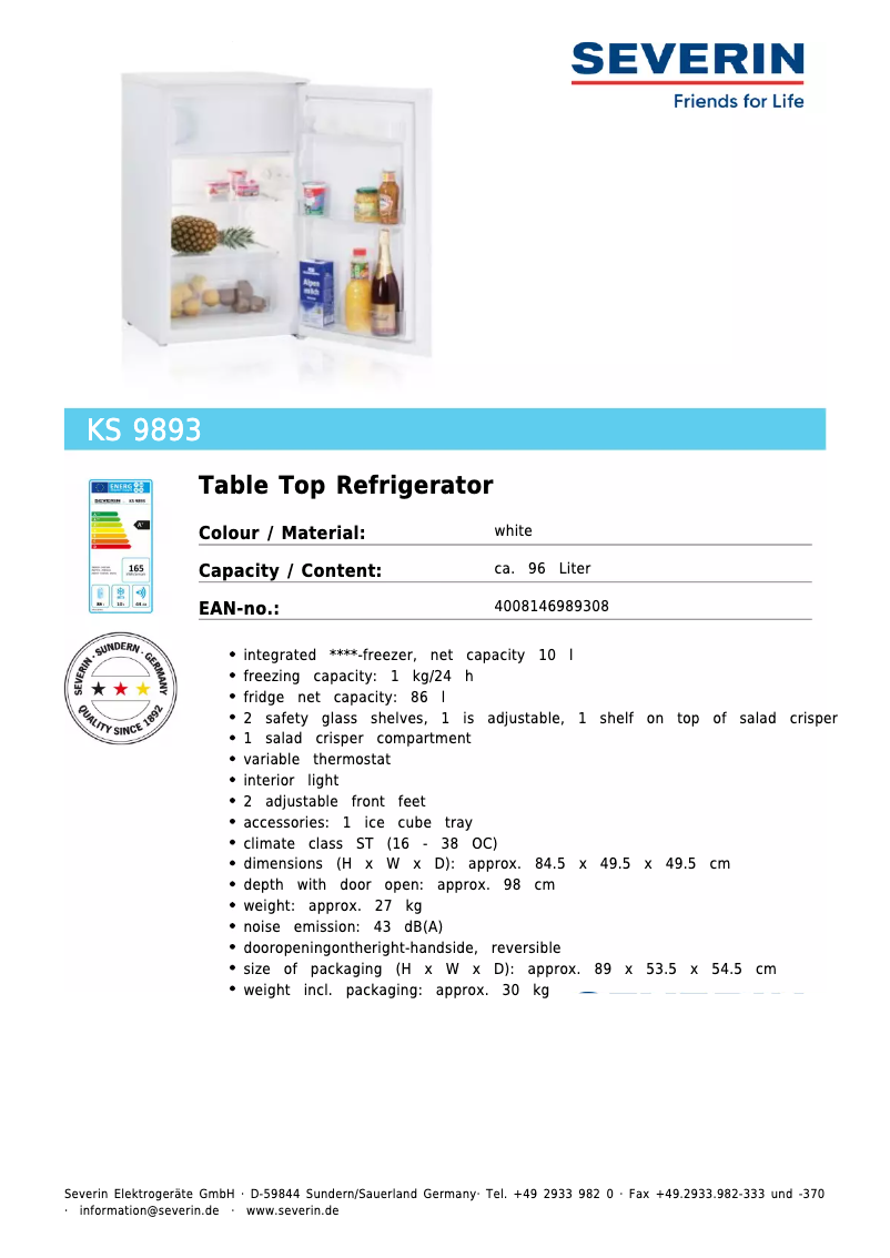 Page 1 de la notice Fiche technique Severin KS 9893