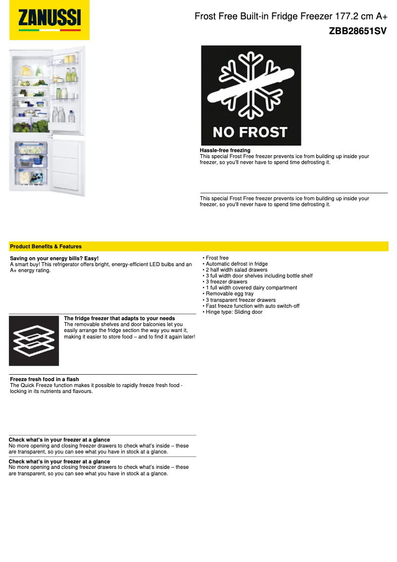 Page 1 de la notice Fiche technique Zanussi ZBB28651SV