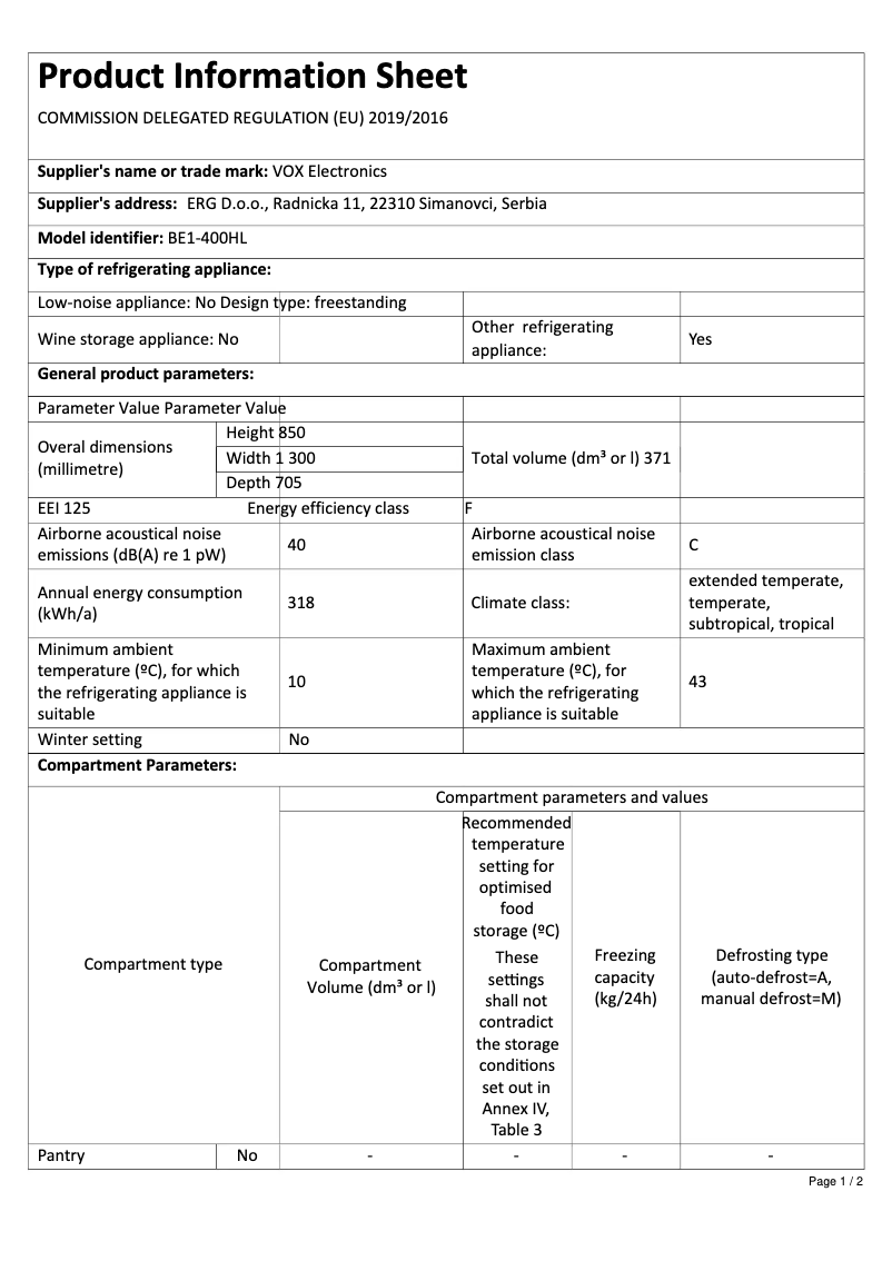 Page 1 de la notice Manuel utilisateur VOX BE1-400HL
