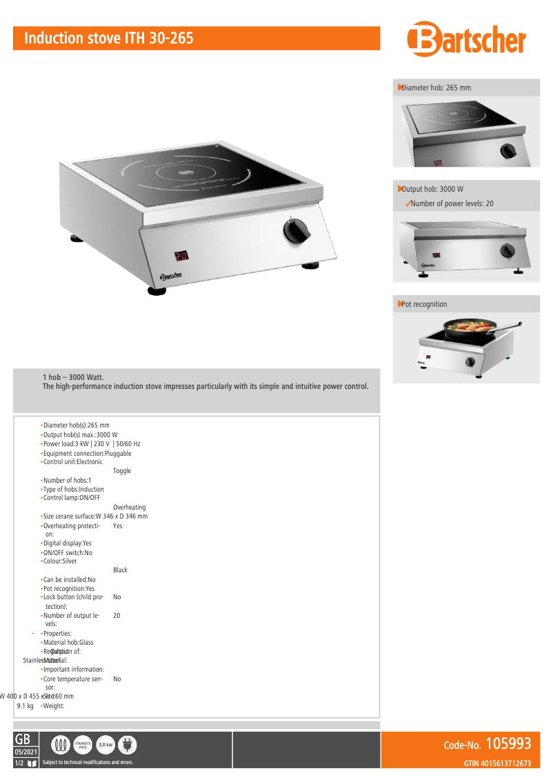 Page 1 de la notice Fiche technique Bartscher ITH 30