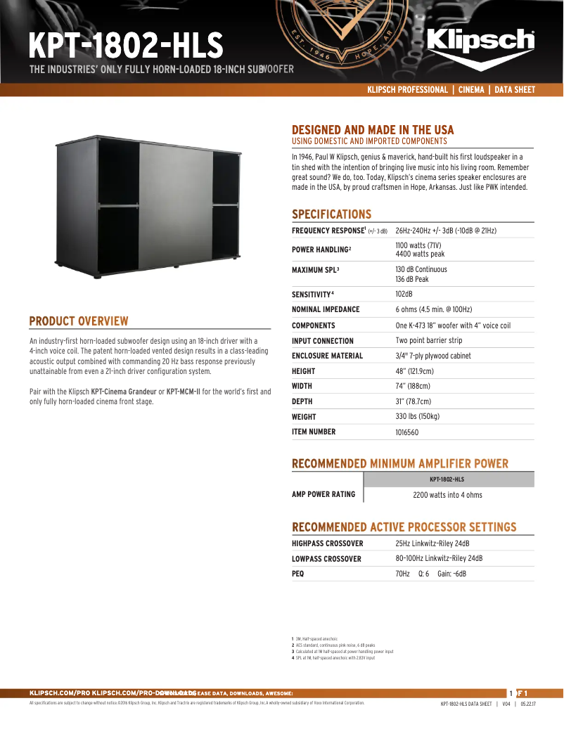 Page 1 de la notice Fiche technique Klipsch KPT-1802-HLS