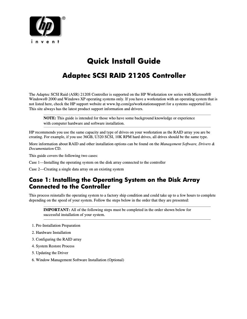 Page 1 de la notice Guide d'installation HP xw6200