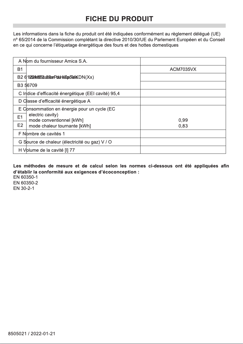 Página 1 del manual Ficha técnica Amica ACM7035VX