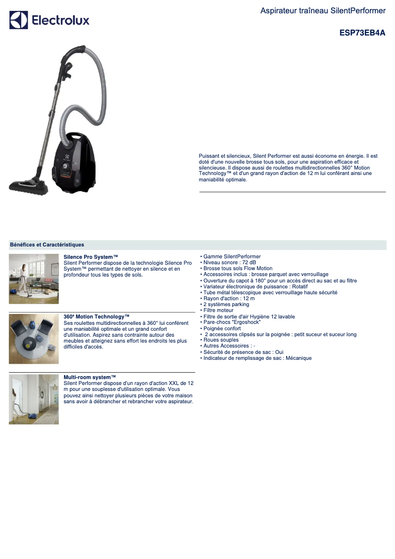 Page 1 de la notice Fiche technique Electrolux ESP73EB4A