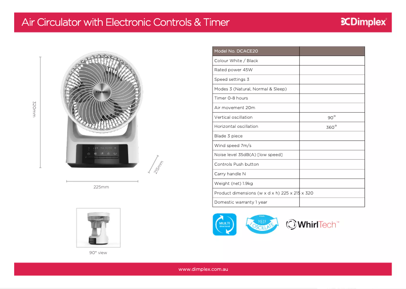 Page 1 de la notice Fiche technique Dimplex DCACE20