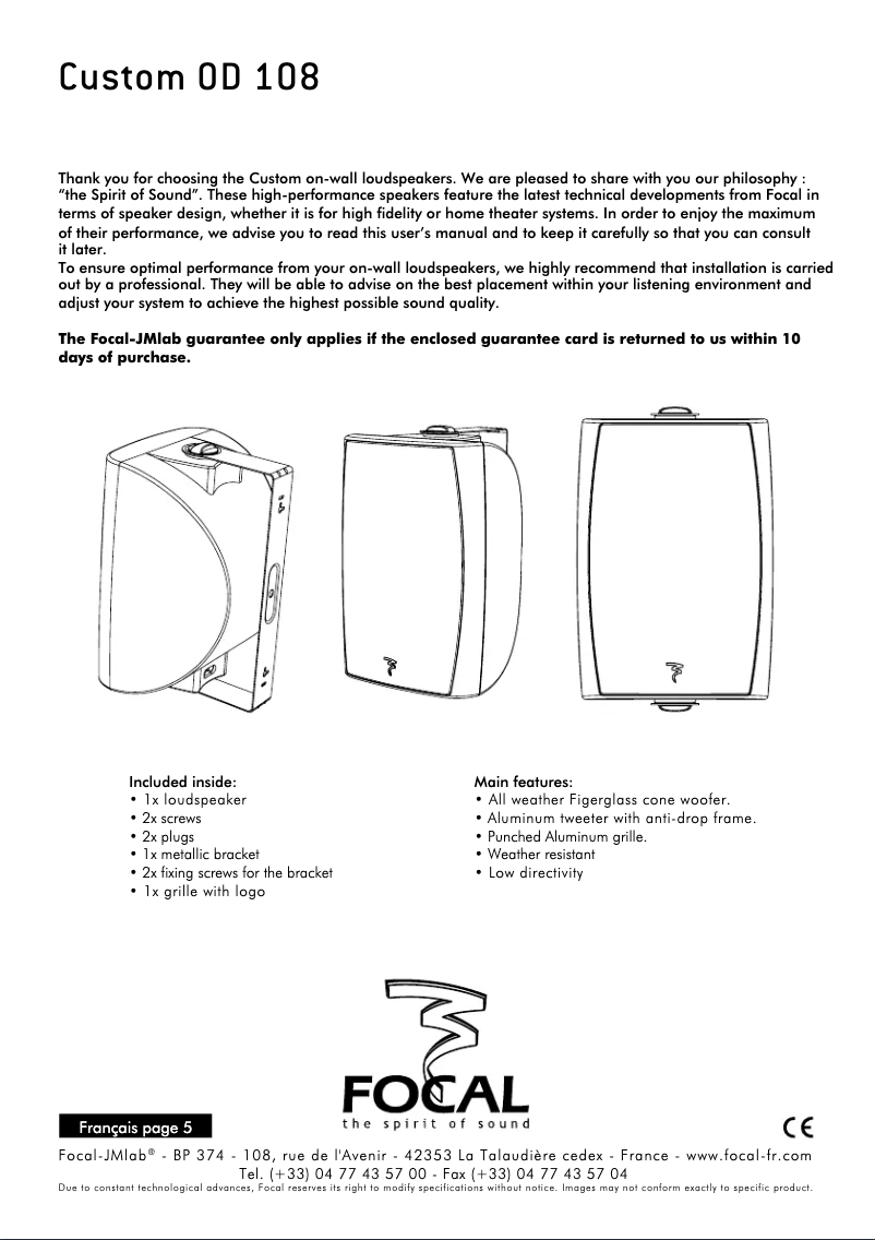 Page 1 de la notice Manuel utilisateur Focal Custom OD 108