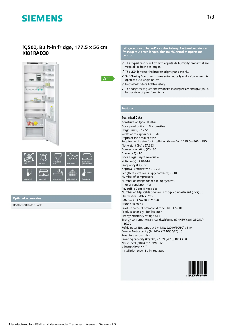 Page 1 de la notice Fiche technique Siemens KI81RAD30A