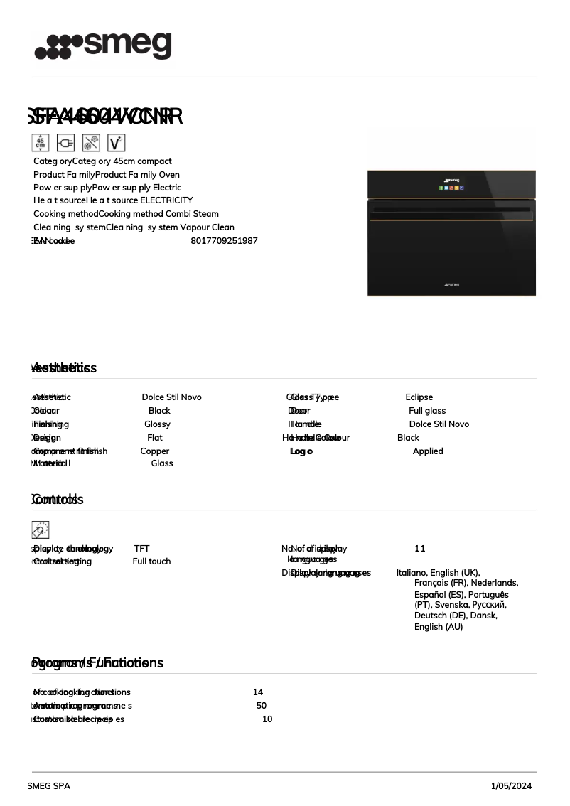 Page 1 de la notice Fiche technique Smeg SFA4604VCNR