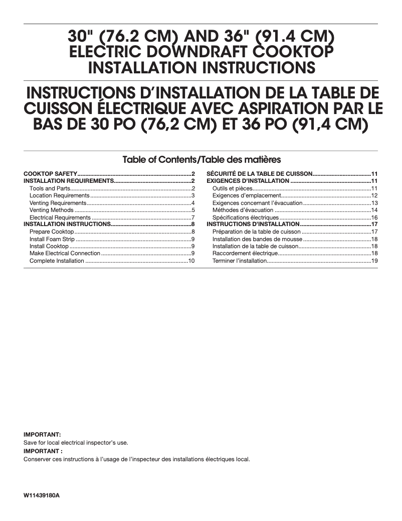 Page n°1 - Guide d'installation JennAir JED4536KS