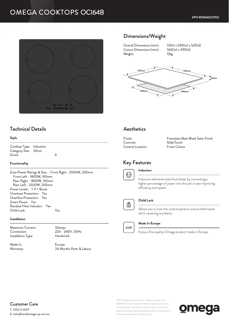 Page 1 de la notice Fiche technique Omega OCI64B