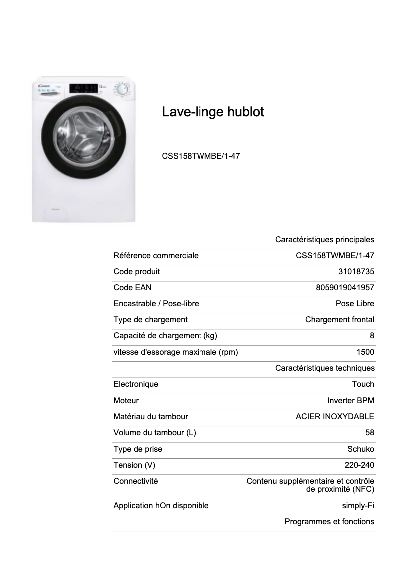 Page 1 de la notice Fiche technique Candy CSS158TWMBE/1-47