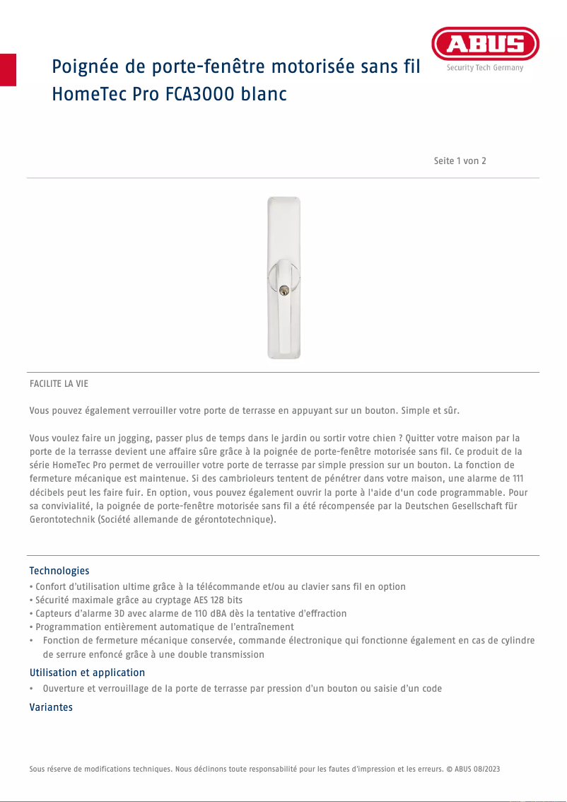 Page n°1 - Fiche technique Abus HomeTec Pro FCA3000