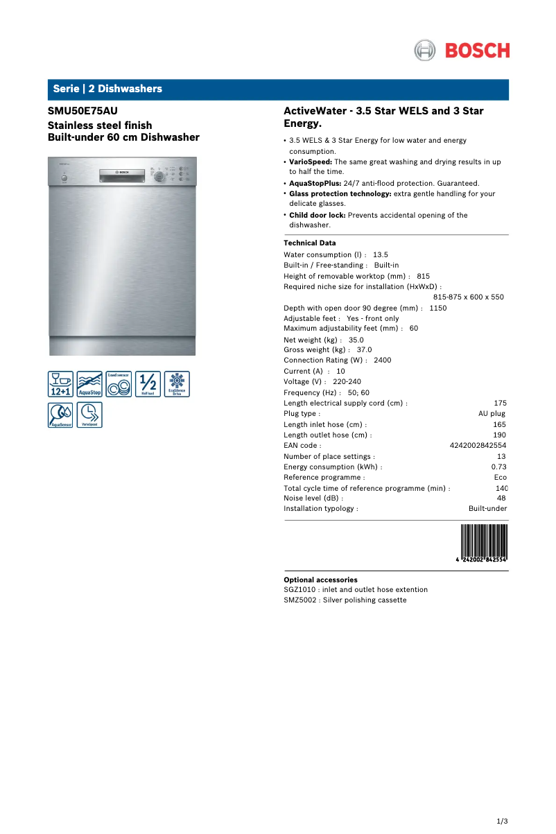 Page n°1 - Fiche technique Bosch SMU50E75AU