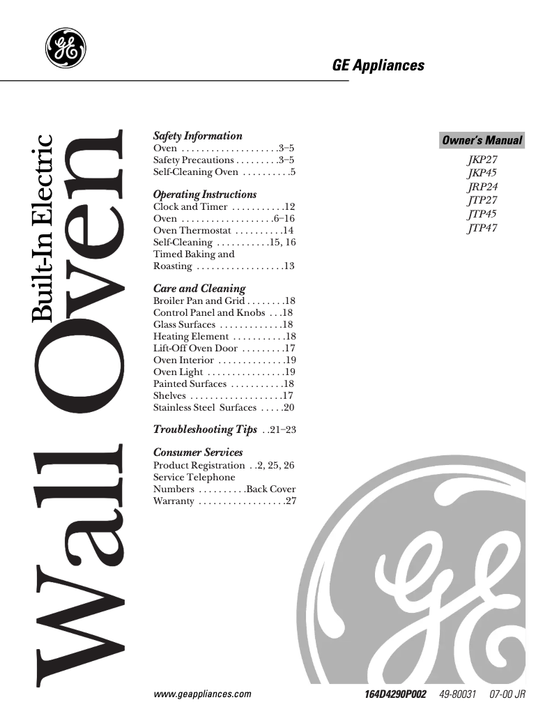 Page 1 de la notice Manuel d'utilisation et d'entretien GE JTP45WAWW