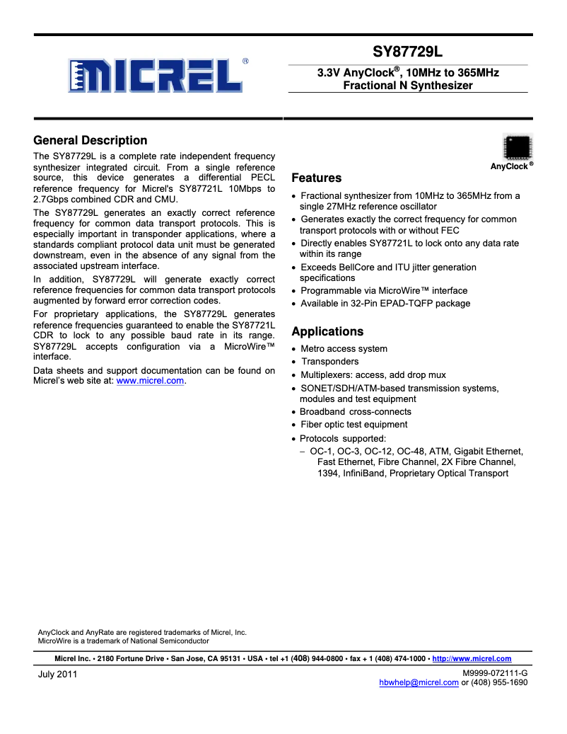 Page 1 de la notice Manuel utilisateur Microchip SY87729L