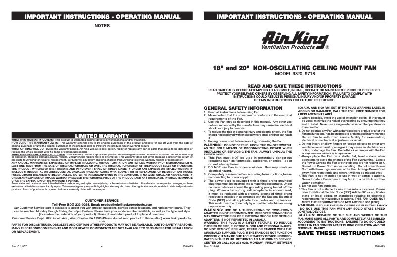 Page n°1 - Manuel utilisateur Air King 9320