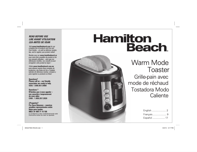 Page 1 de la notice Manuel utilisateur Hamilton Beach Ensemble 22812