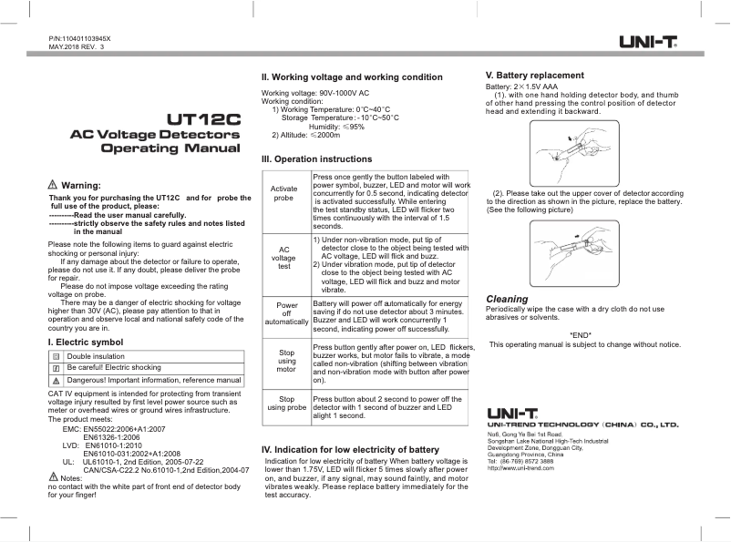 Page 1 de la notice Manuel utilisateur Uni-T UT12C