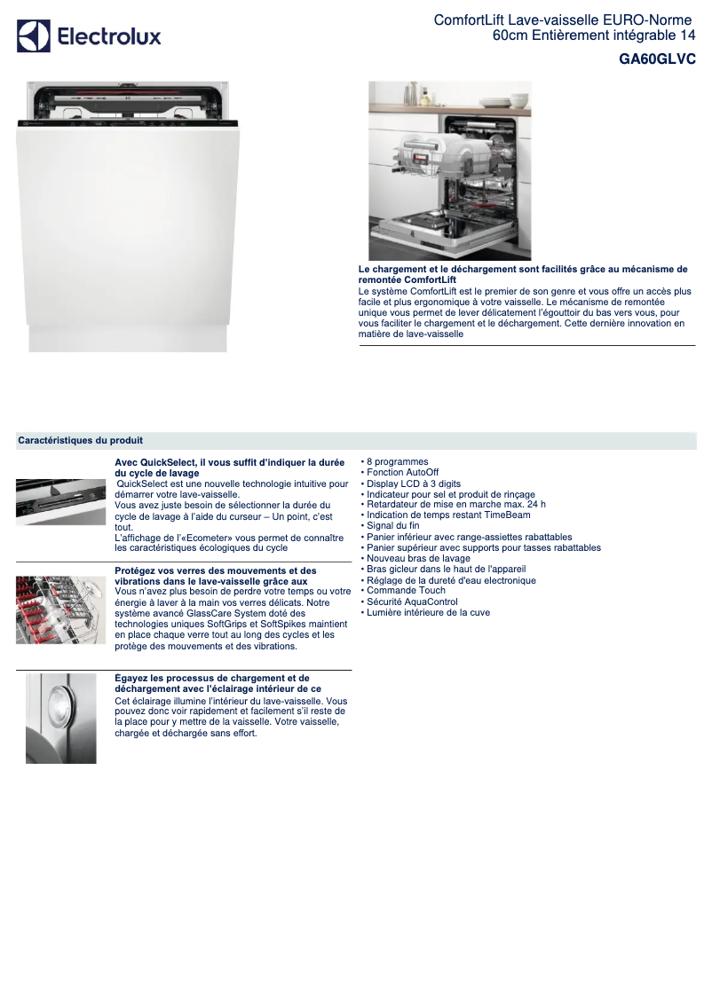 Page 1 de la notice Fiche technique Electrolux GA60GLVC