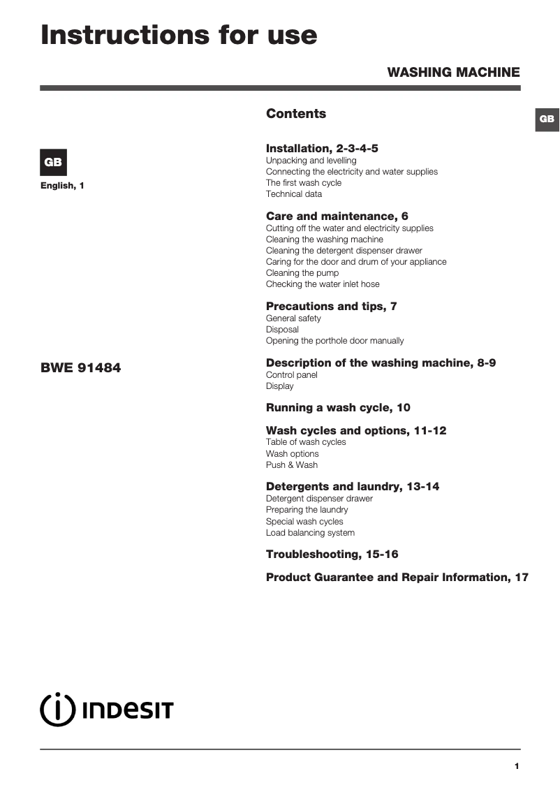 Image de la première page du manuel de l'appareil BWE 91484X K UK