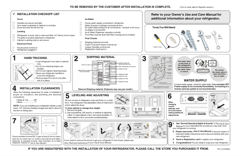 Page n°1 - Guide d'installation Frigidaire FSC23F7DW