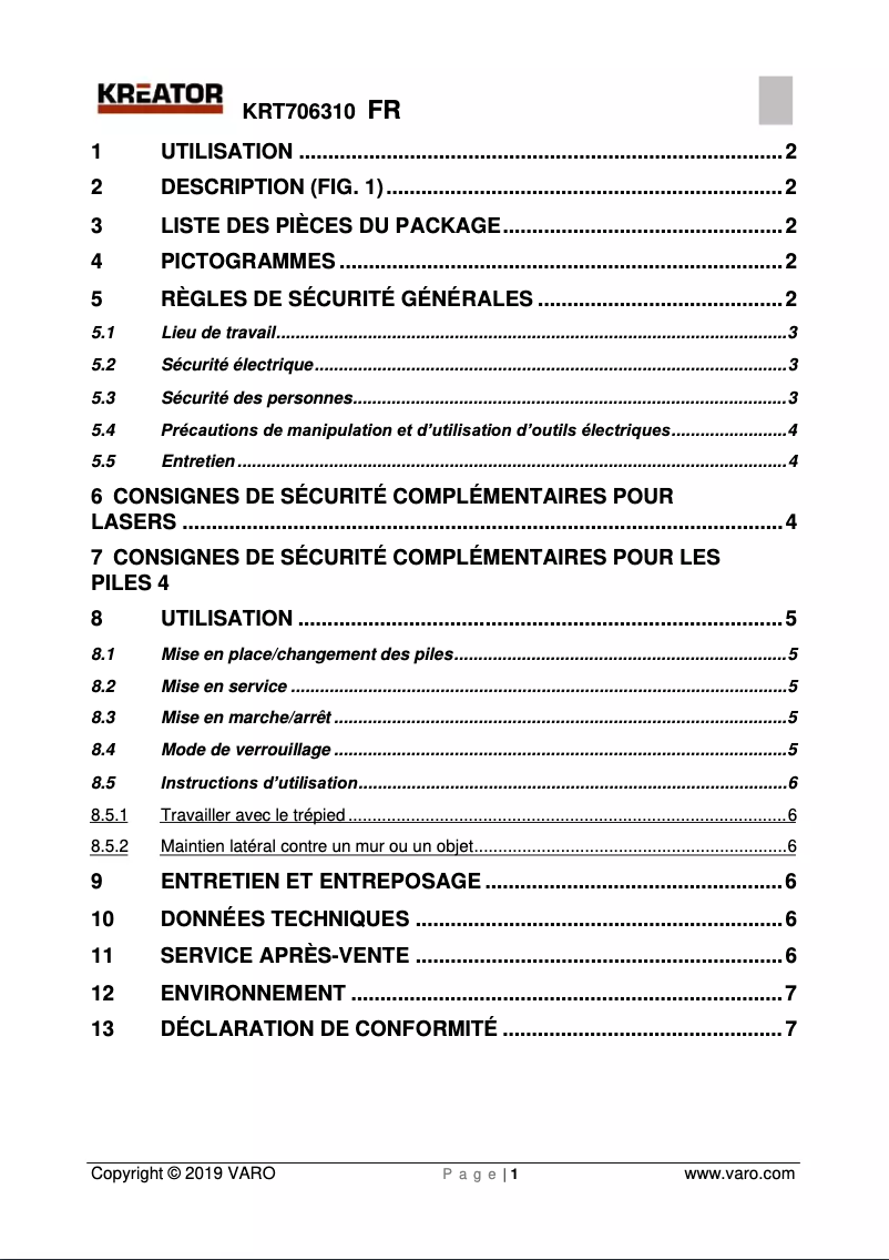 Page 1 de la notice Manuel utilisateur Kreator KRT706310