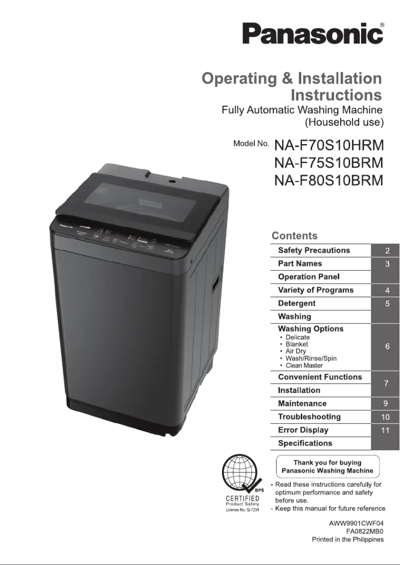 Page 1 de la notice Manuel utilisateur Panasonic NA-F70S10HRM