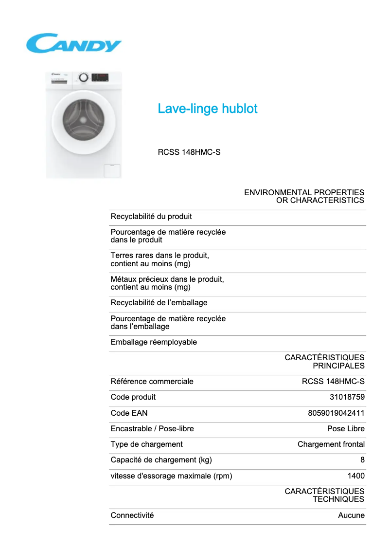 Page 1 de la notice Fiche technique Candy RCSS 148HMC-S