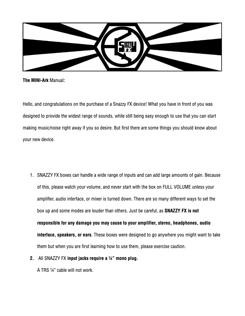 Page 1 de la notice Manuel utilisateur Snazzy FX The Mini-Ark