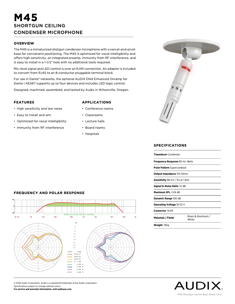 Page 1 de la notice Fiche technique Audix M45 Shortgun