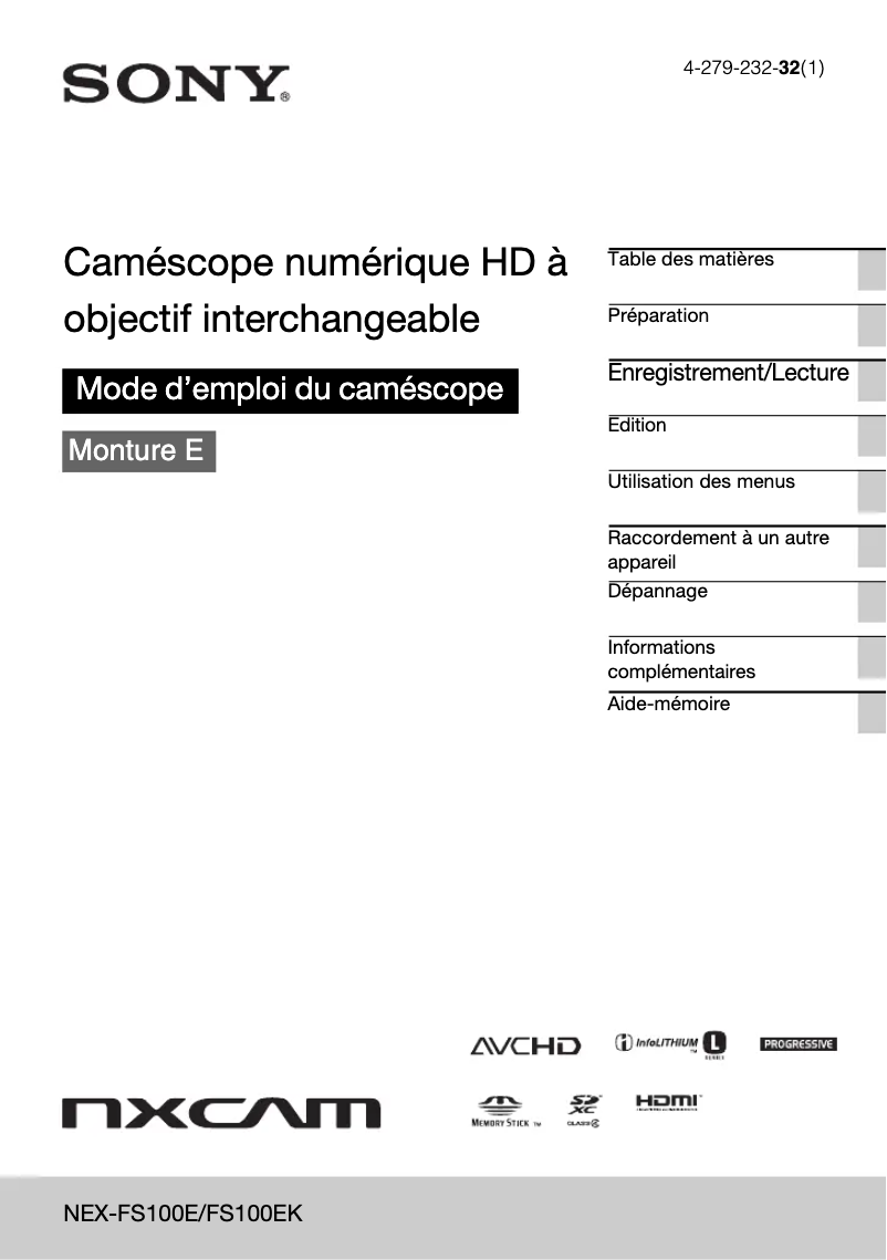 Page 1 de la notice Manuel utilisateur Sony NEX-FS100EK