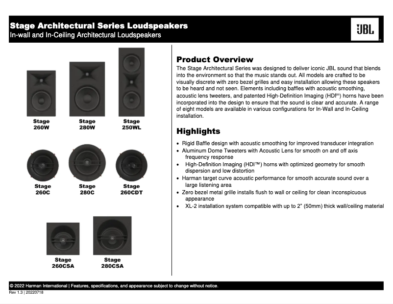 Page 1 de la notice Fiche technique JBL Stage 250WL