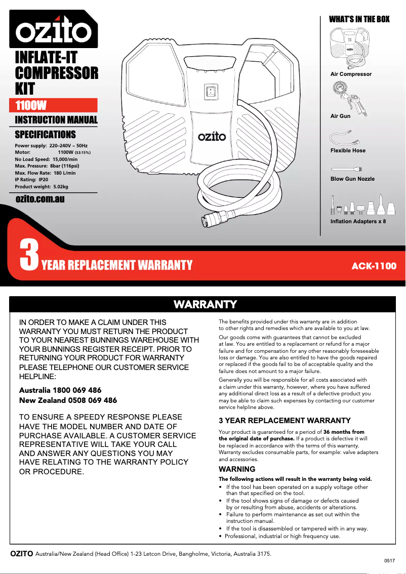 Page 1 de la notice Manuel utilisateur Ozito ACK-1100