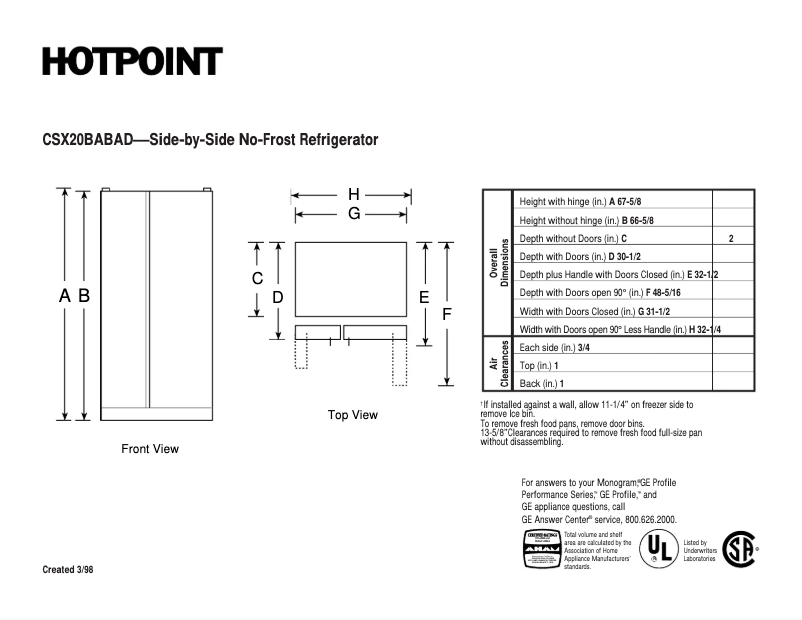Page 1 de la notice Fiche technique Hotpoint CSX20BABAD
