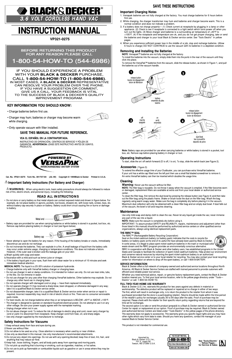 Page 1 de la notice Manuel utilisateur Black & Decker Dustbuster VP321
