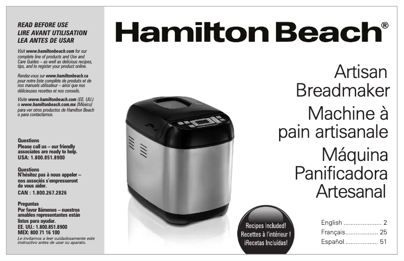 Page 1 de la notice Manuel d'utilisation et d'entretien Hamilton Beach Artisan 29886