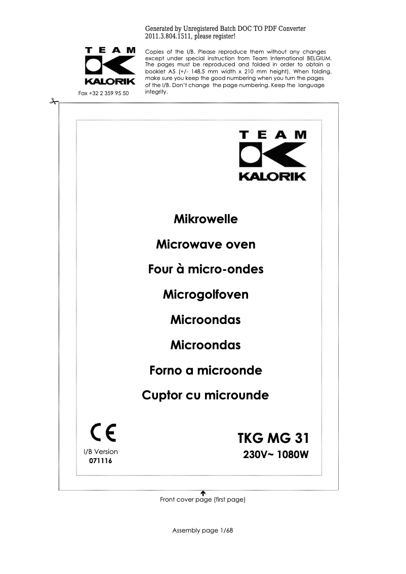 Page 1 de la notice Manuel utilisateur Kalorik TKG MG 31