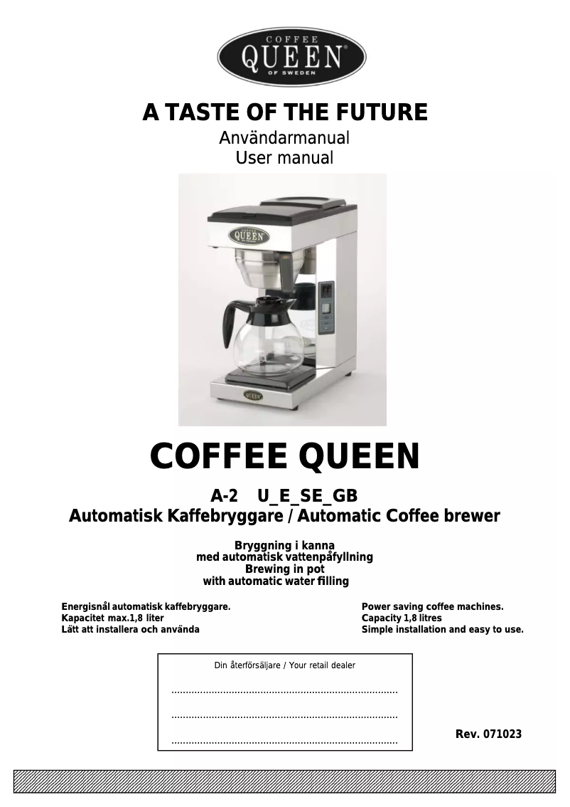 Page 1 de la notice Manuel utilisateur Coffee Queen A-2