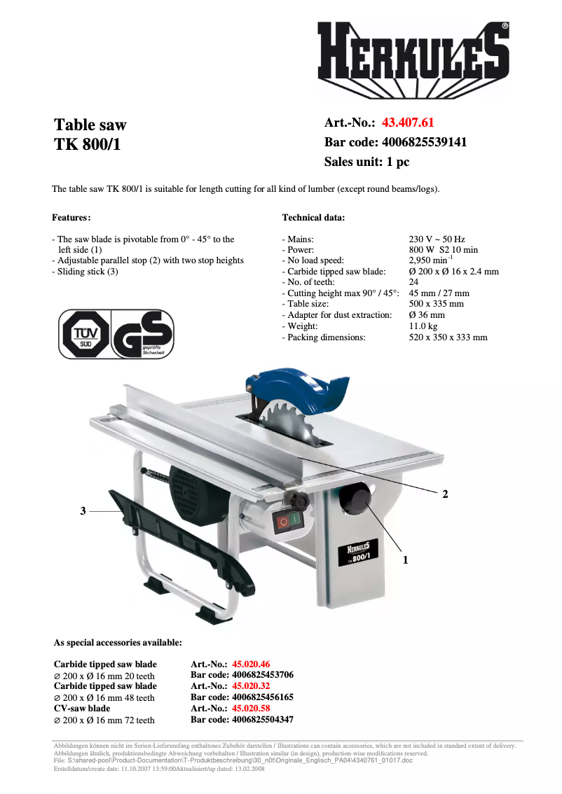 Page 1 de la notice Manuel utilisateur Herkules TK 800/1