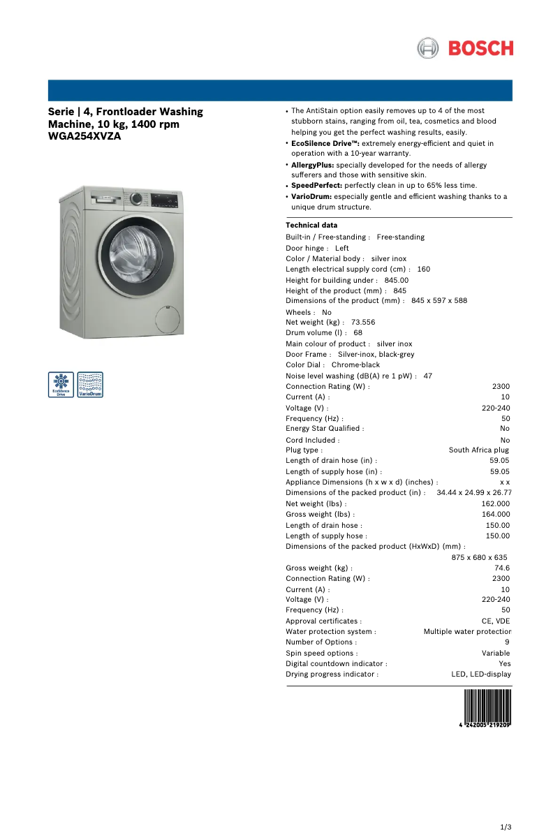 Image de la première page du manuel de l'appareil WGA254XVZA