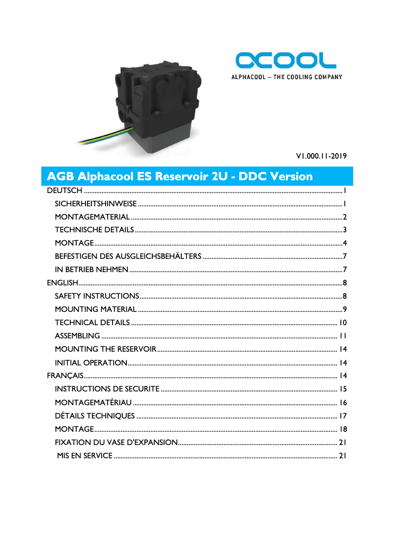Page 1 de la notice Manuel utilisateur Alphacool ES Reservoir 2U