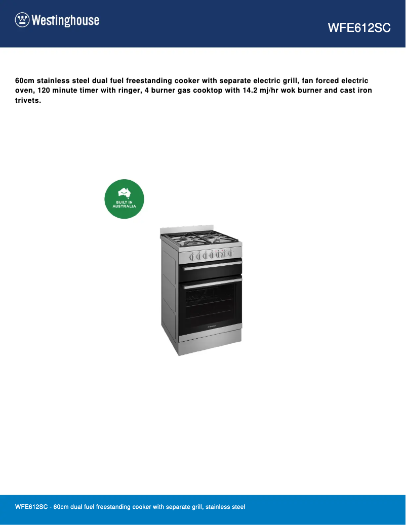 Page n°1 - Fiche technique Westinghouse WFE612SC