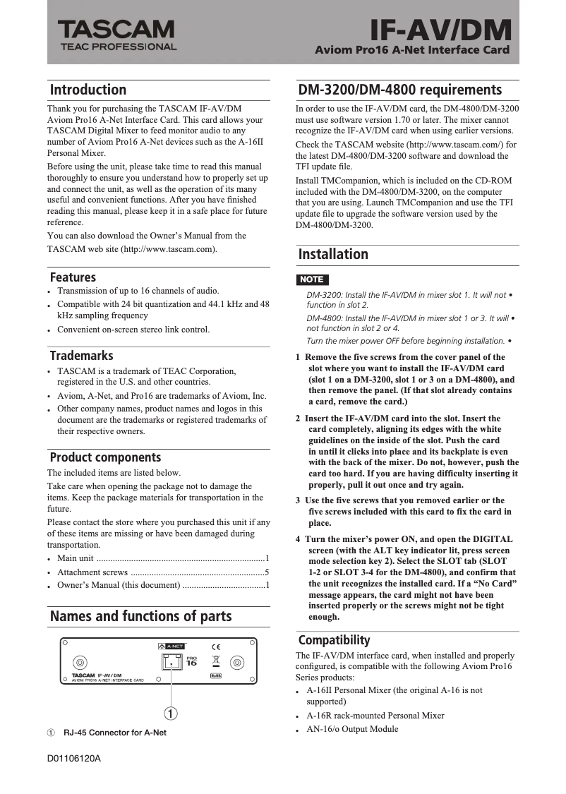 Image de la première page du manuel de l'appareil IF-AV/DM