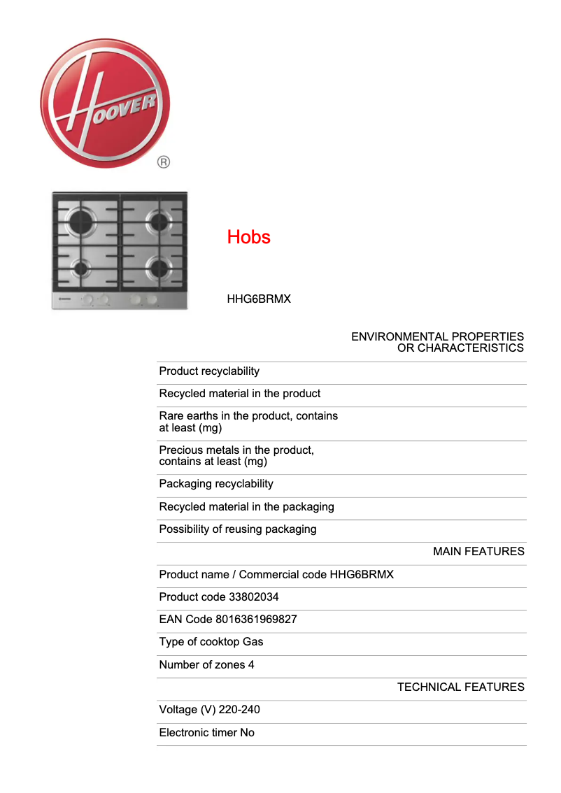 Page n°1 - Fiche technique Hoover HHG6BRMX