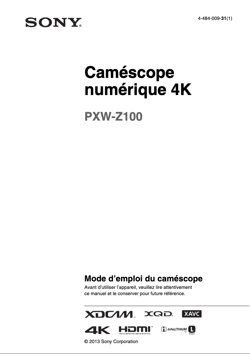 Page n°1 - Manuel utilisateur Sony PXW-Z100