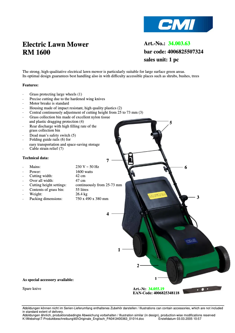 Página 1 del manual Ficha técnica CMI RM 1600