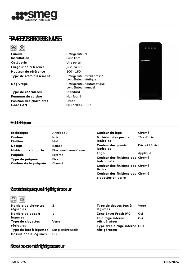 Page 1 de la notice Fiche technique Smeg FAB28RDBLM5