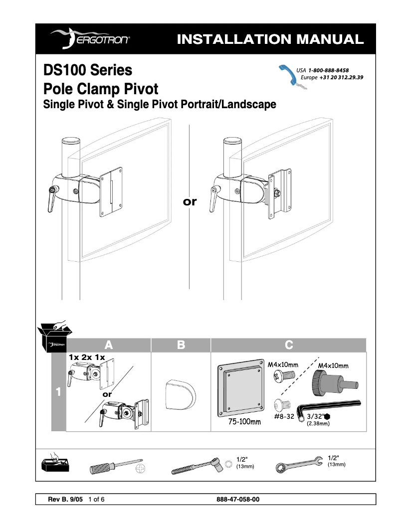 Page 1 de la notice Manuel utilisateur Ergotron DS100 Clamping Single Pivot
