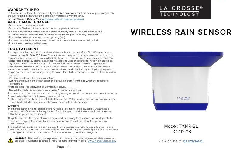 Page n°1 - Manuel utilisateur La Crosse Technology TX145R-BL